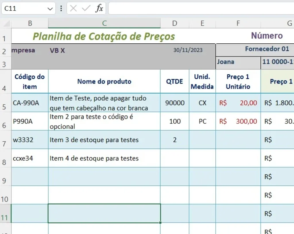 adquirir esta planilha de cotação de preços