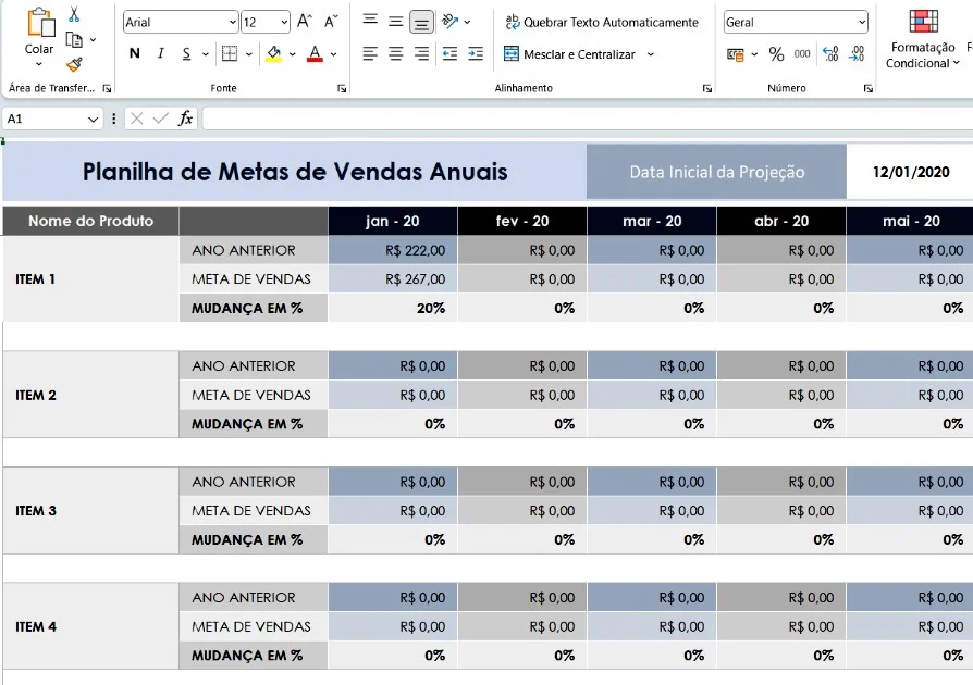 Planilha de metas de vendas anual